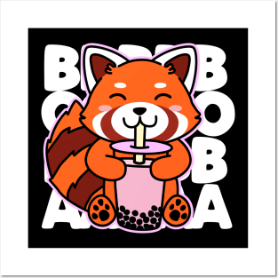 Kawaii Boba Cute Anime Red Panda Kawaii Bubble Tea Drink Posters and Art